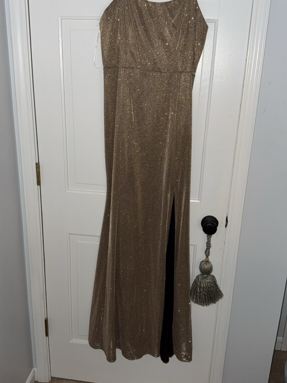 Lulu's Shimmery Gold Floor-Length Maxi Dress with Slit